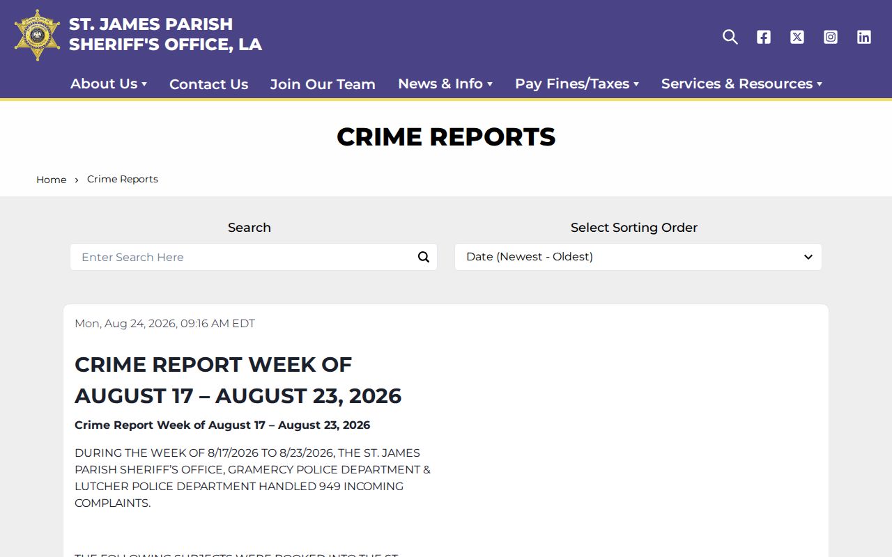 St. James Parish Sheriff arrest news weekly crime report index