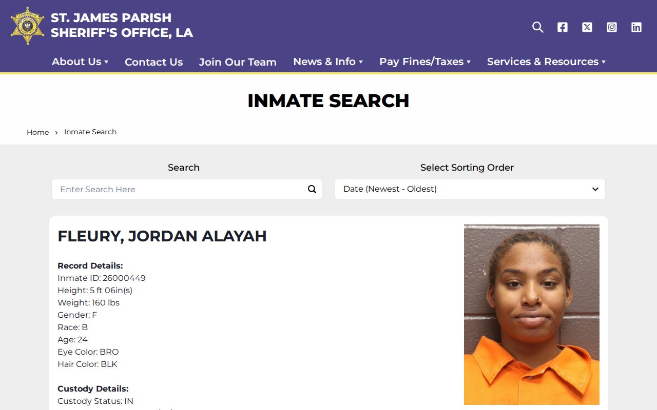 St. James Parish official inmate search for booking records and mugshots