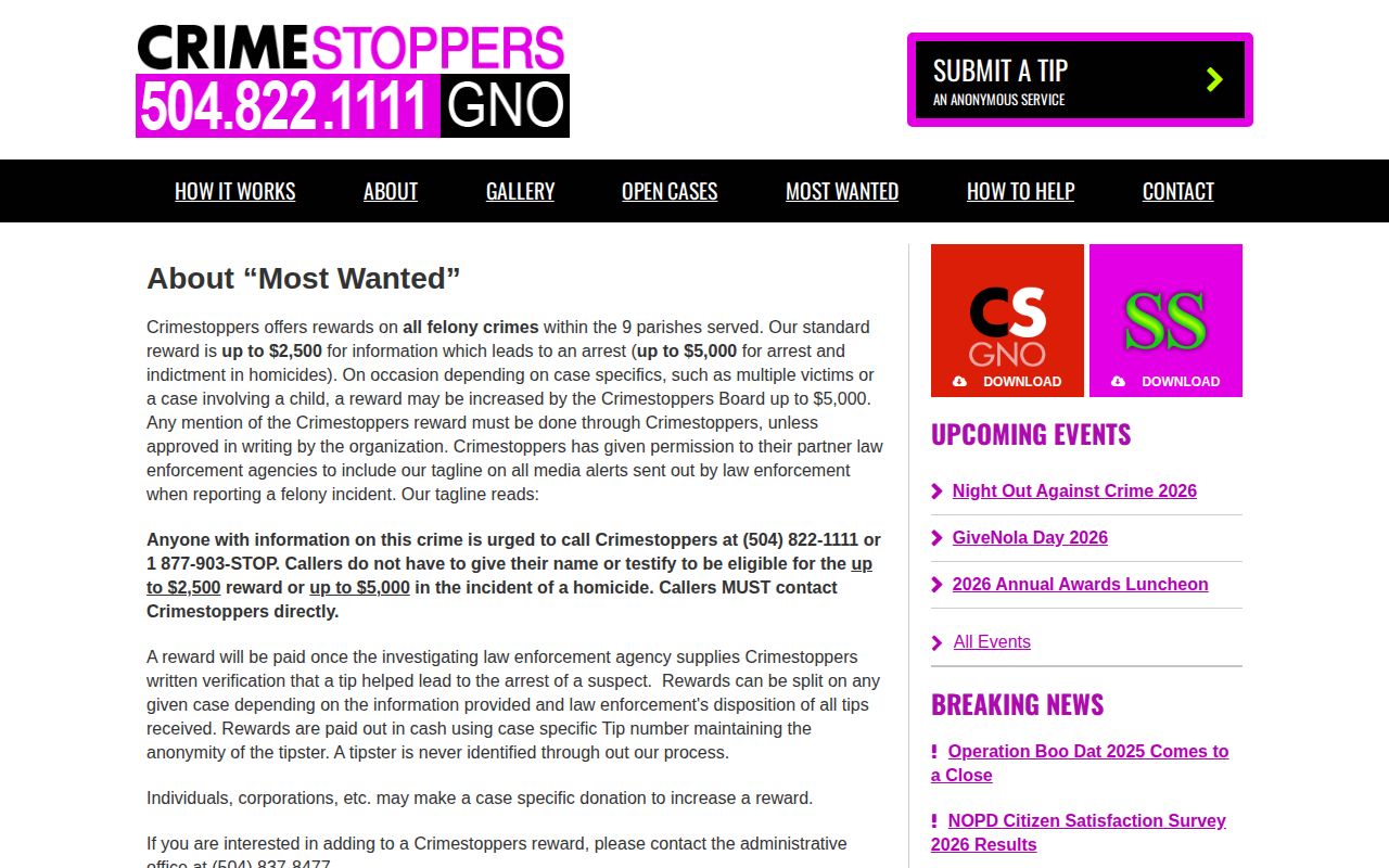 Crimestoppers GNO regional wanted fugitives source serving St. James Parish