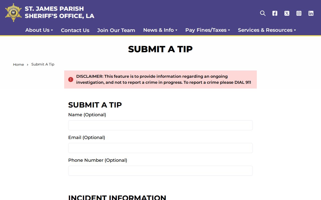 St. James Parish Sheriff wanted fugitive tip form